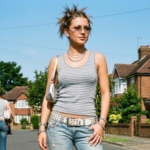 Costa Blanca M Vintage Y2K Festival Metallic Stripe Ribbed Racerback Tank Top